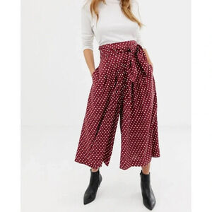 ASOS Wide Leg Tie Waist Pants red and white polka dots 16 Curvy Plus cropped